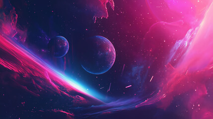 Vivid cosmic nebula scene showcasing distant planets bathed in brilliant shades of pink, purple, and blue, creating a stunning intergalactic vista.