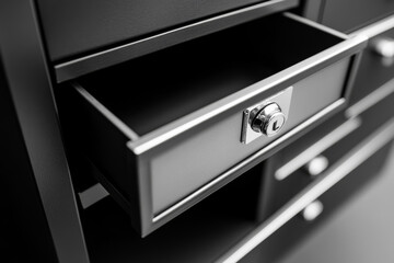Opened black metal drawer reveals a secure inner compartment. Sleek design emphasizes storage and protection for valuables.