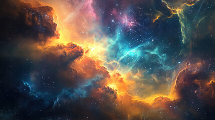 Vibrant cosmic clouds shimmer with celestial light, creating a mesmerizing nebula in the dark expanse of outer space.