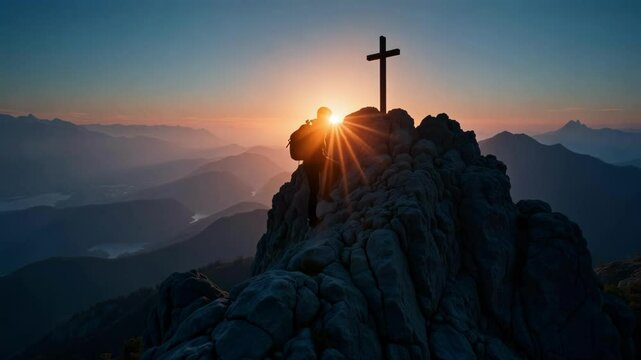 Witness the inspiring silhouette of a figure ascending a mountain as dawn breaks, with a radiant cross glowing atop the peak in stunning 4k footage.