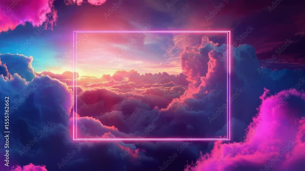 Poster a vibrant pink and purple sky with a square frame in the middle, ideal for use in designs about crea