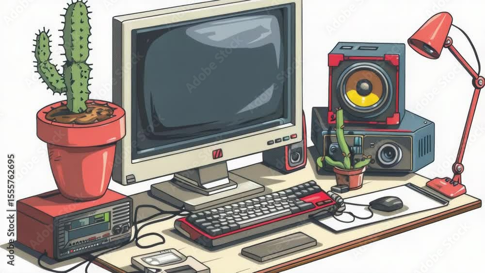 Aufkleber a desktop computer sitting on a desk, ready for use
