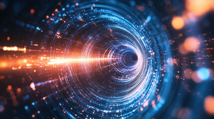 A captivating vortex of blue and orange light swirls in a stunning, abstract, futuristic tunnel, creating a sense of depth and dynamic motion.