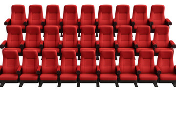 Comfortable red cinema or theater seats arranged in rows, isolated on a transparent background, ready for compositing