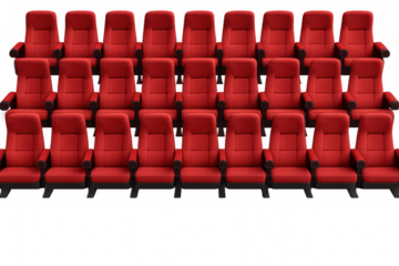 Comfortable red cinema or theater seats arranged in rows, isolated on a transparent background, ready for compositing