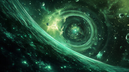 An ethereal green vortex swirls amidst a star speckled cosmic ocean, a stunning display of interstellar energy and captivating celestial phenomenon.