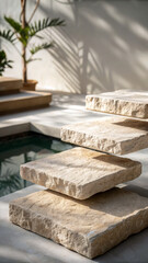 Layered stone slabs near water with plant shadows pool