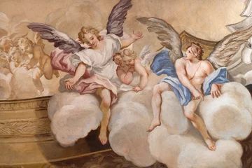 Selbstklebende Fototapeten BOBBIO, ITALY - MAY 20, 2025: The detail of baroque fresco of angels in Cathedral (Santa Maria Assunta) by Francesco Porro (1723). © Renáta Sedmáková