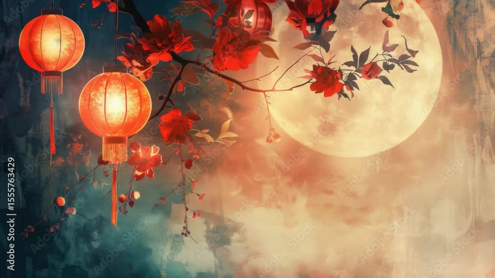 Poster a beautiful night scene with lanterns hanging from a tree branch