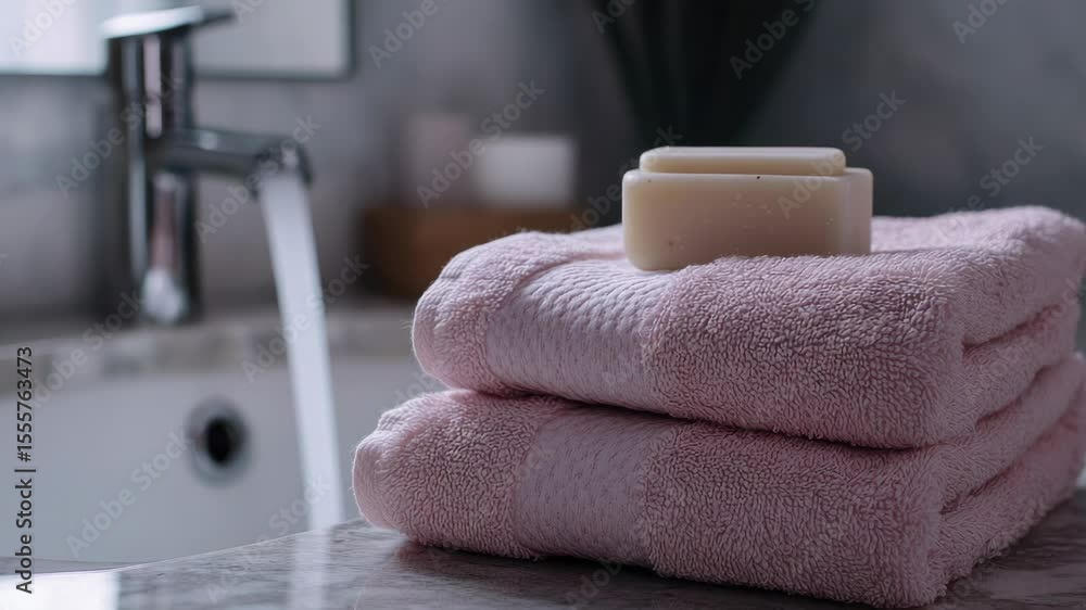 Poster a stack of pink towels resting on top of a countertop