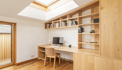 Modern home office with natural wood desk chair and built in shelving illuminated by a skylight