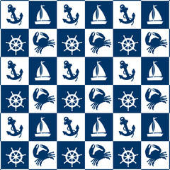 Squares with anchors and yachts.Vector seamless pattern of stylized sailboats, anchors and steering wheels in colored squares.