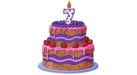 Vibrant TwoTiered Birthday Cake with Number Seven Candle Berries and Strawberries.