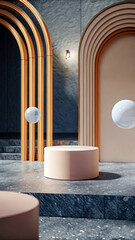 Minimalist pedestal with pastel spheres and arched structures image