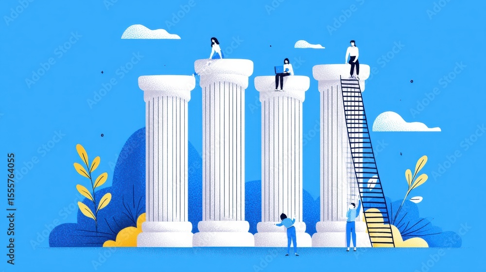 Poster Exploring the Five Pillars of Personal Development With Individuals Engaging in Different Activities in a Vibrant and Illustrative Setting