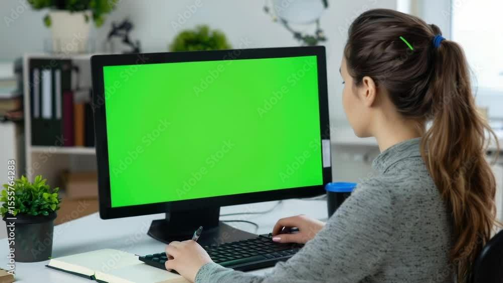 Poster A person sits at a desk, typing away on a computer with a green screen display