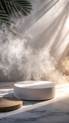 Minimalist white podium with smoke and palm leaf shadows circular mist