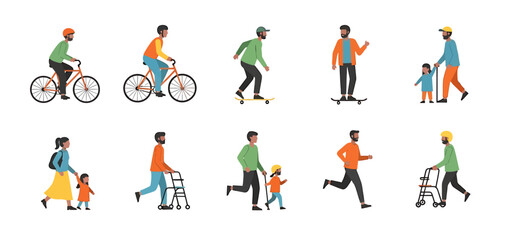 Diverse People Engaging in Various Activities, Illustrated on White Background