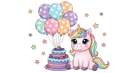 Cute Cartoon Unicorn with Birthday Cake and Balloons.