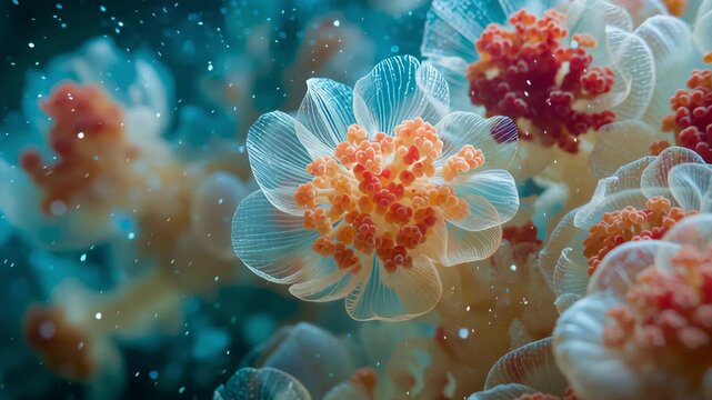 A close up of a bunch of flowers with a blue background. The flowers are white and orange