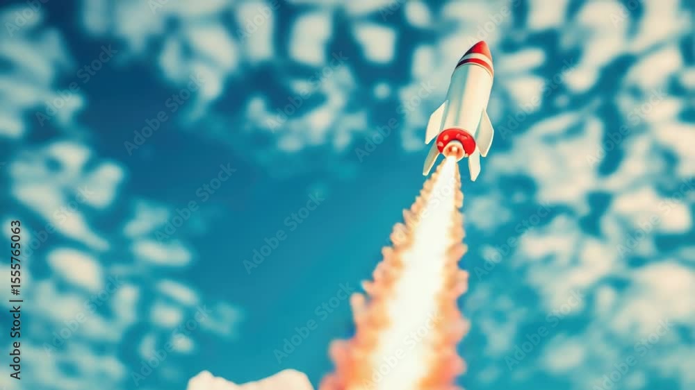 Poster A toy rocket soaring through the sky, perfect for use in illustrations about childhood imagination or futuristic concepts