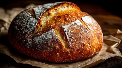 a freshly baked loaf of bread sits atop a sheet of parchment paper against a dark backdrop. the bread has a round shape with a golden brown crust, dusted with a flour