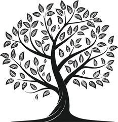 Decorative Tree Silhouette with Curved Branches and Leaves