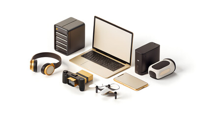 A collection of modern electronic devices including a laptop desktop computer headphones smartphone drone and camera accessories arranged on a white background