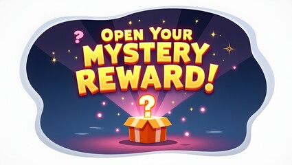 Fototapeta premium Vector illustration with “Open Your Mystery Reward!” message, glowing gift box, question mark, sparkles and light rays. Bright flat design on white background. Great for games, surprises, and promos.