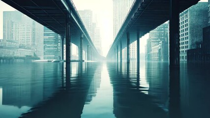 Urban infrastructure submerged in floodwaters during a severe weather event in a downtown area, urban infrastructure submerged in floodwaters, Seamless ing video background