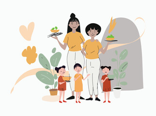 Family hiking illustration with children and outdoor scenery.