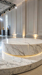 Polished white marble circular platform with golden trim image