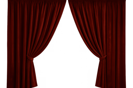 Luxurious red velvet curtains gracefully pulled aside, revealing dramatic empty stage with soft lighting and theatrical anticipation