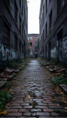 Obraz premium Abandoned Urban Alleyway with Overgrown Decay – Post-Apocalyptic Vertical City Scene