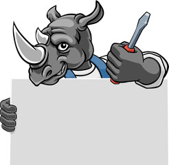 A rhino electrician handyman or other construction cartoon mascot man holding a screwdriver tool.