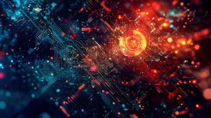 Digital circuitry glows with a vibrant, intricate network of blue and red connections, suggesting modern technology and data processing.