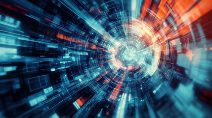 Explore abstract digital art showcasing vibrant blue and red lights radiating from a tunnel, perfect for futuristic and technological themes.
