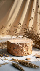 Rough textured natural clay podium with dried grass image