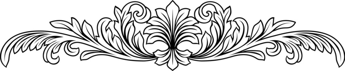 A filigree heraldic crest calligraphic motif, floral pattern horizontal divider design element. Original design in a vintage style.