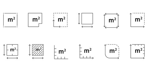 High quality vector icon of M2 symbol representing square meters. Measuring area of land, home, apartment or flat. Minimalistic linear design for dimensions