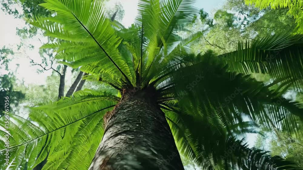Poster zooming in on a towering fern tree in a lush forest canopy, zoom in camera motion to massive fern tr
