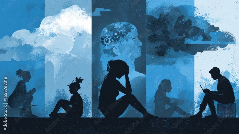 Poster support systems for individuals experiencing ptsd in a calming blue tone to promote connection and h