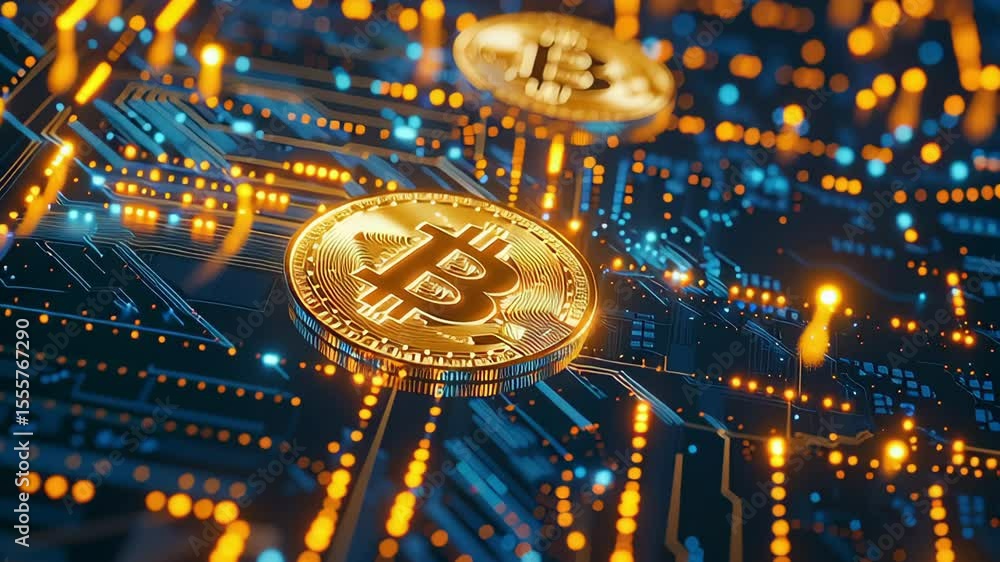 Poster a computer chip with a gold coin on it that says b. the image has a futuristic and technological vib