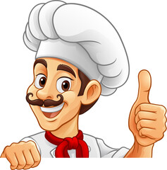A chef or baker cartoon cook food man mascot character peeking around a sign or menu with copy space illustration