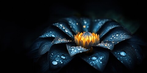  Magic dark background with beautiful flower indigo dahlia, macro photography. Free copy space.