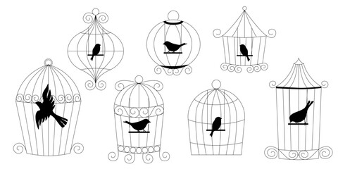 Hand drawn vector set of bird cages in doodle style simple metal cage sketch collection for home use line art illustration isolated vintage pet house