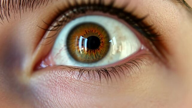 Close up view of a captivating brown eye with detailed iris and lashes at morning light, brown eye extreme close up