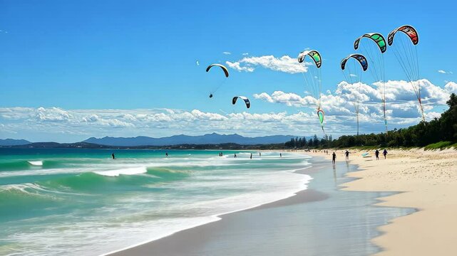 Enjoying summer watersports at Noosa Heads with kite surfing under a clear blue sky, Noosa Heads tourist resort watersports and summer activity Kitesurfing on sea