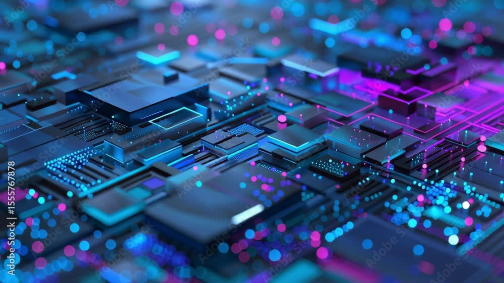 Poster a computer chip is shown in a blue and purple color scheme. the image is a close up of the chip, wit