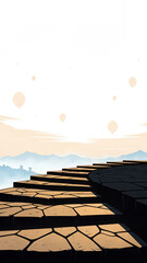 Stone steps ascend towards distant hazy mountains under a sky with floating orbs pathway abstract